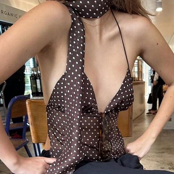 Coffee Brown Sexy Women's Polka Dot Print Lace Up Camisole Tees Tops - Picture 8 of 8